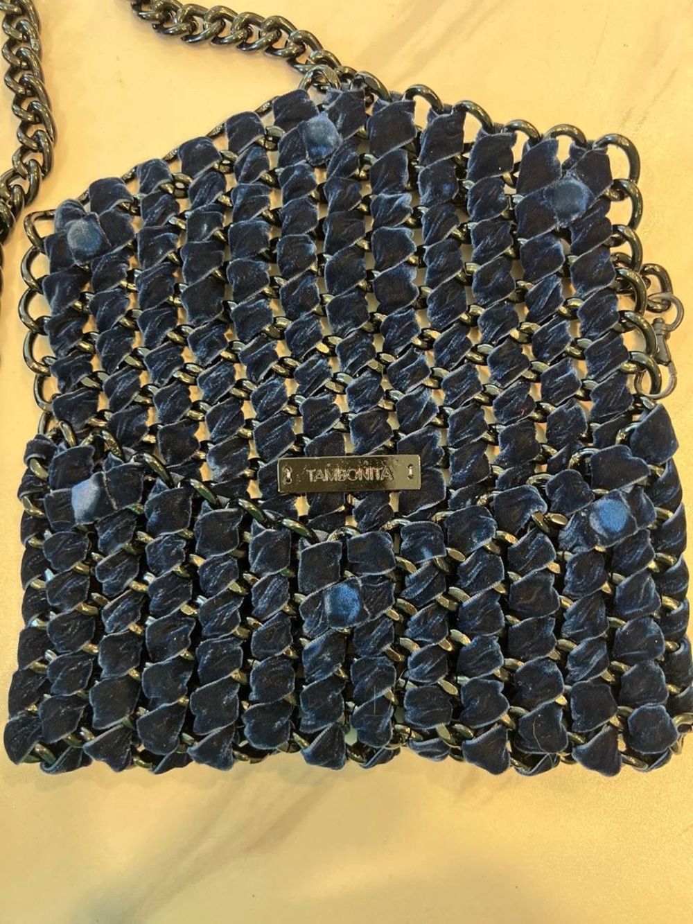 Tambointa Navy Woven Velvet Crossbody Bag with Chain Strap